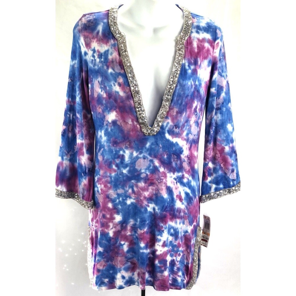 NWT INC Mini Dress S Blue/pink tie-dye Plunge Vneck sequin Hippie Boho Festival